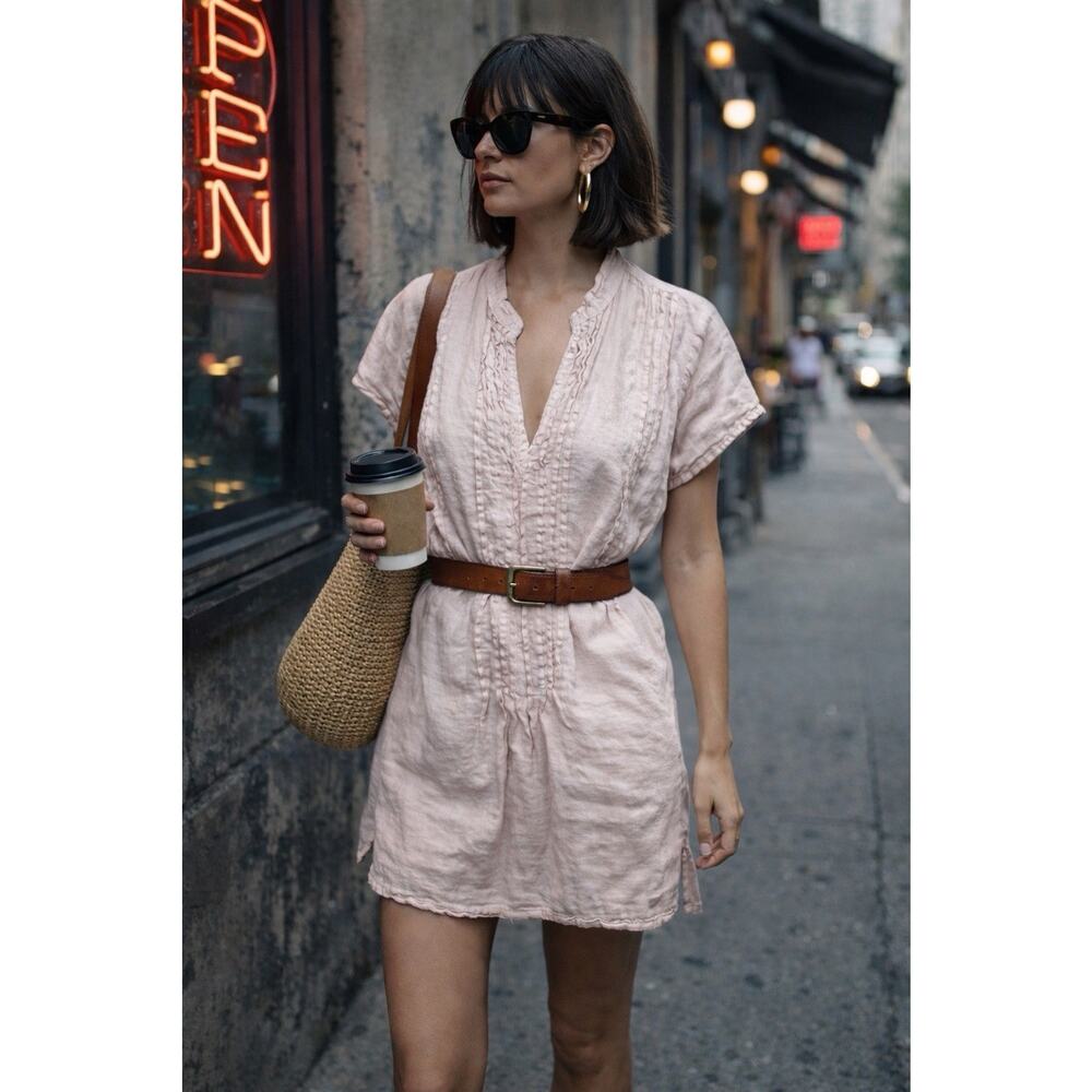 Free People x CP Shades Pink Linen Pintuck Tunic Dress Boho Lagenlook Sz M